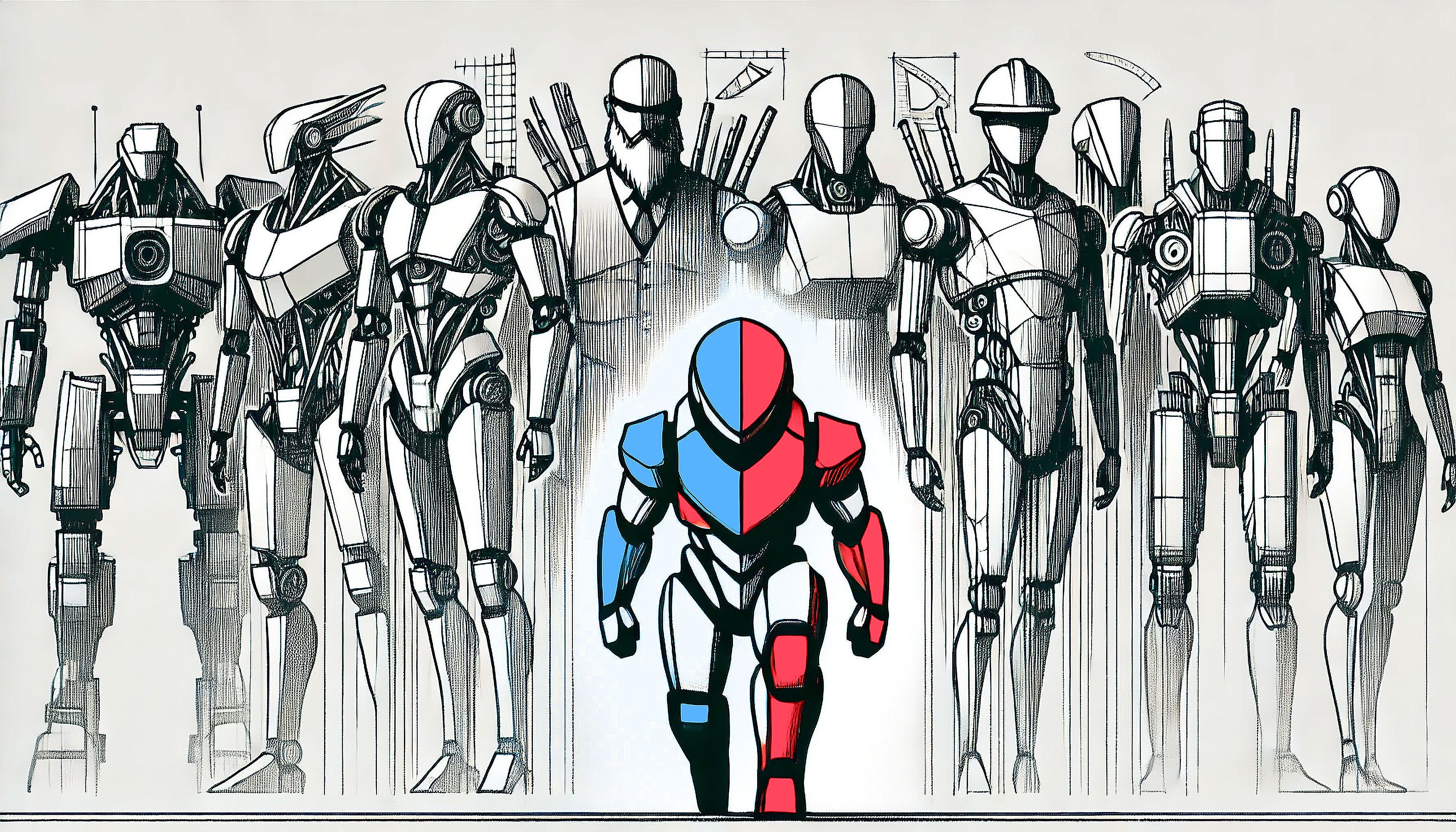 Illustration of a bold, red and blue futuristic robot stepping forward against a lineup of towering robotic figures, symbolizing Space Designer 3D competing against major players in floor planning software.