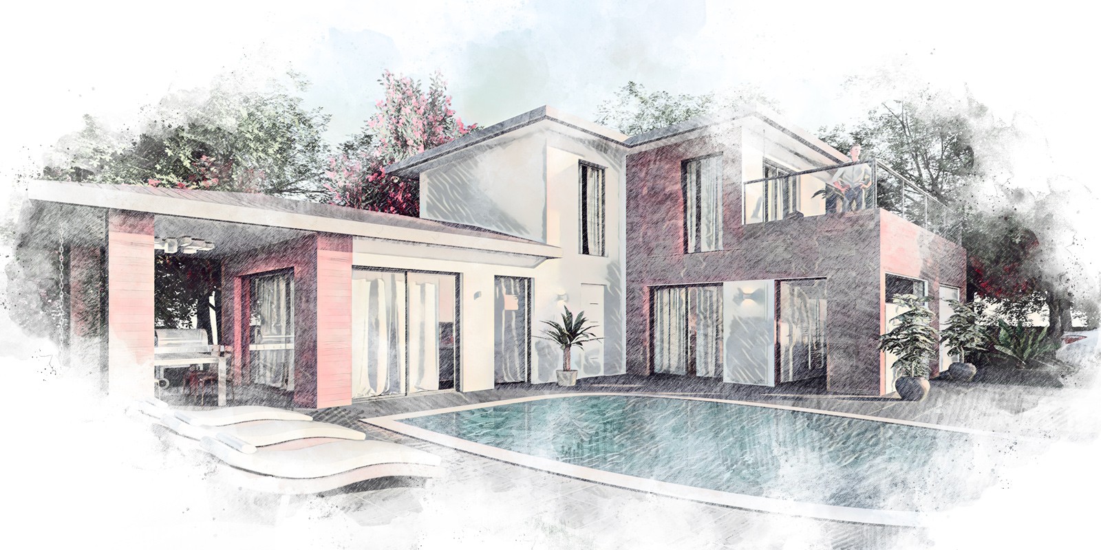 Illustrated rendering of a modern French home with a sleek design, large glass doors, a private pool, and an open outdoor living space, reflecting key architectural features of contemporary French residences.