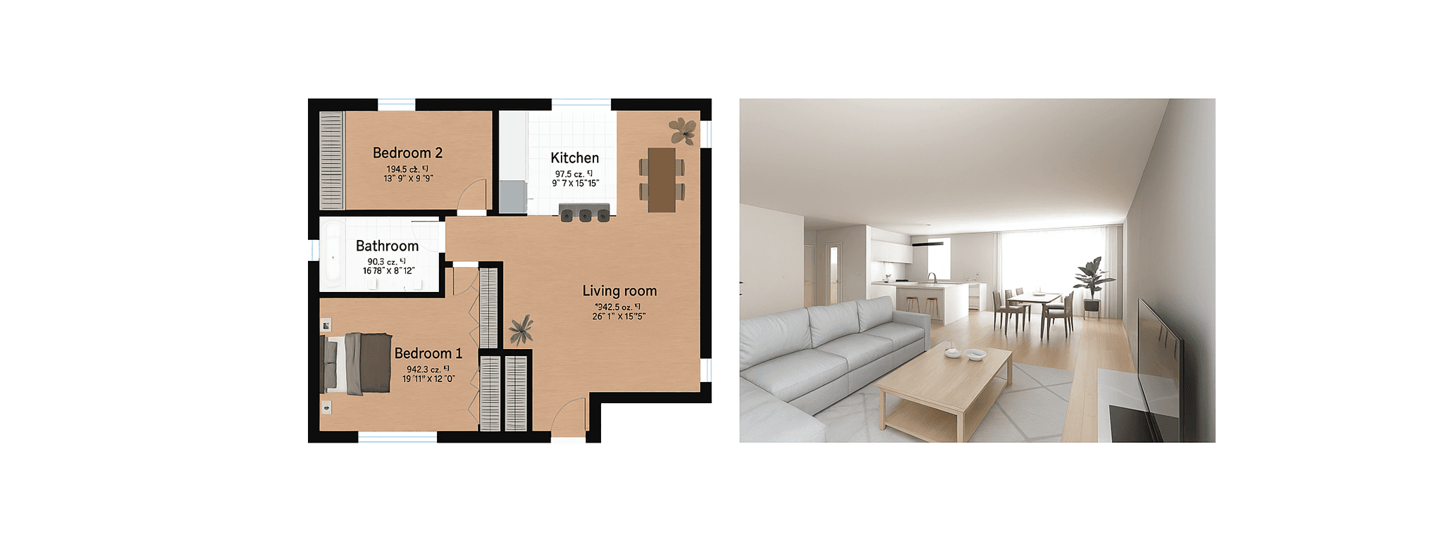 Side-by-side view of a 2D floor plan and a 3D photorealistic interior designed with Space Designer 3D online software.