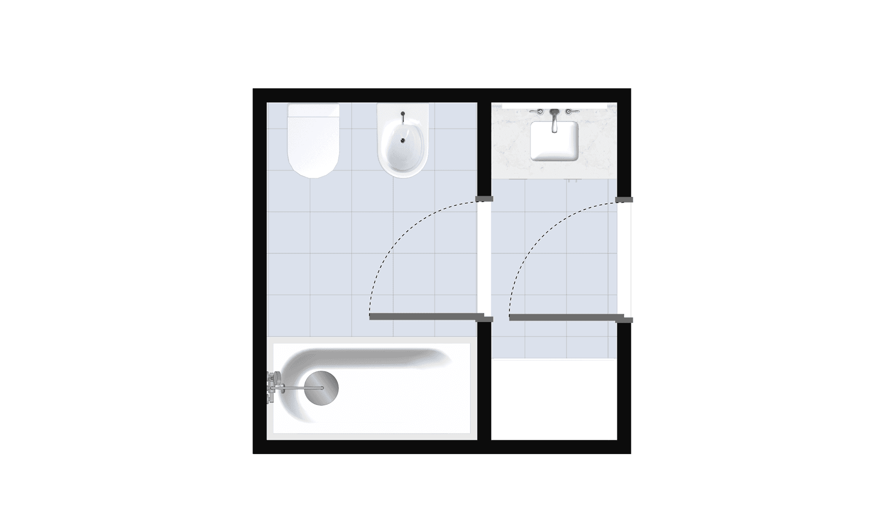 Split bathroom layout featuring bathtub, bidet, toilet, and vanity in a 2-wall design for efficient small bathroom plan
