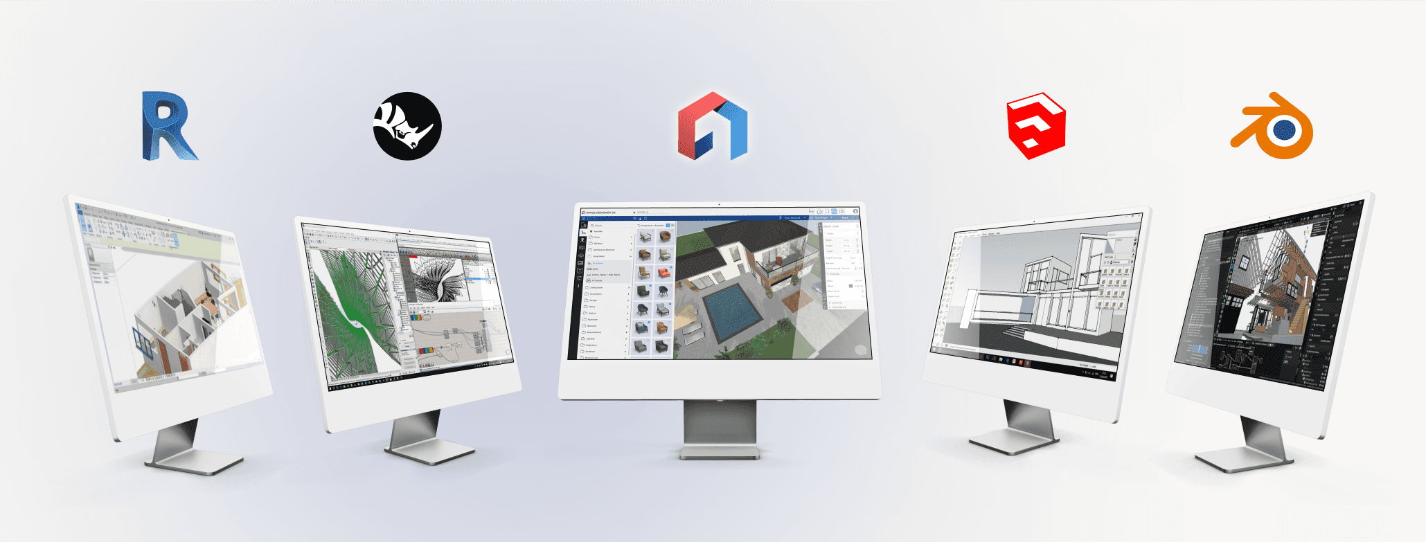 Comparison of the best home design software tools, displayed on computer screens, including Revit, Rhino, Space Designer 3D, SketchUp, and Blender, showcasing different architectural and interior design capabilities.